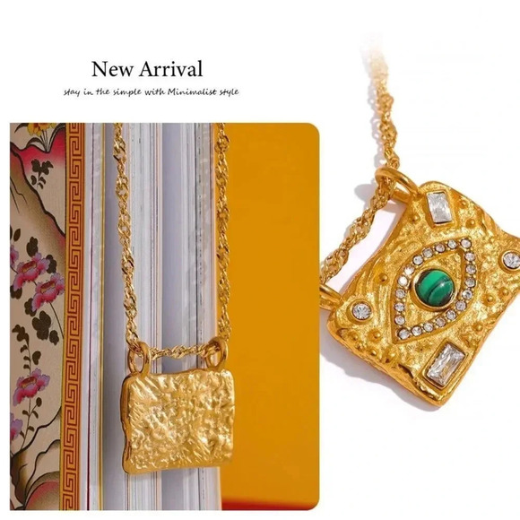 Malachite 18KGold Plated Stainless Steel Waterproof Protect Eyes Necklace - Picture 6 of 10